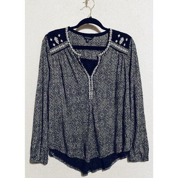 Lucky Brand Top Womens Large Black Metallic Embroidered Peasant Boho Whimsigoth - Picture 1 of 6